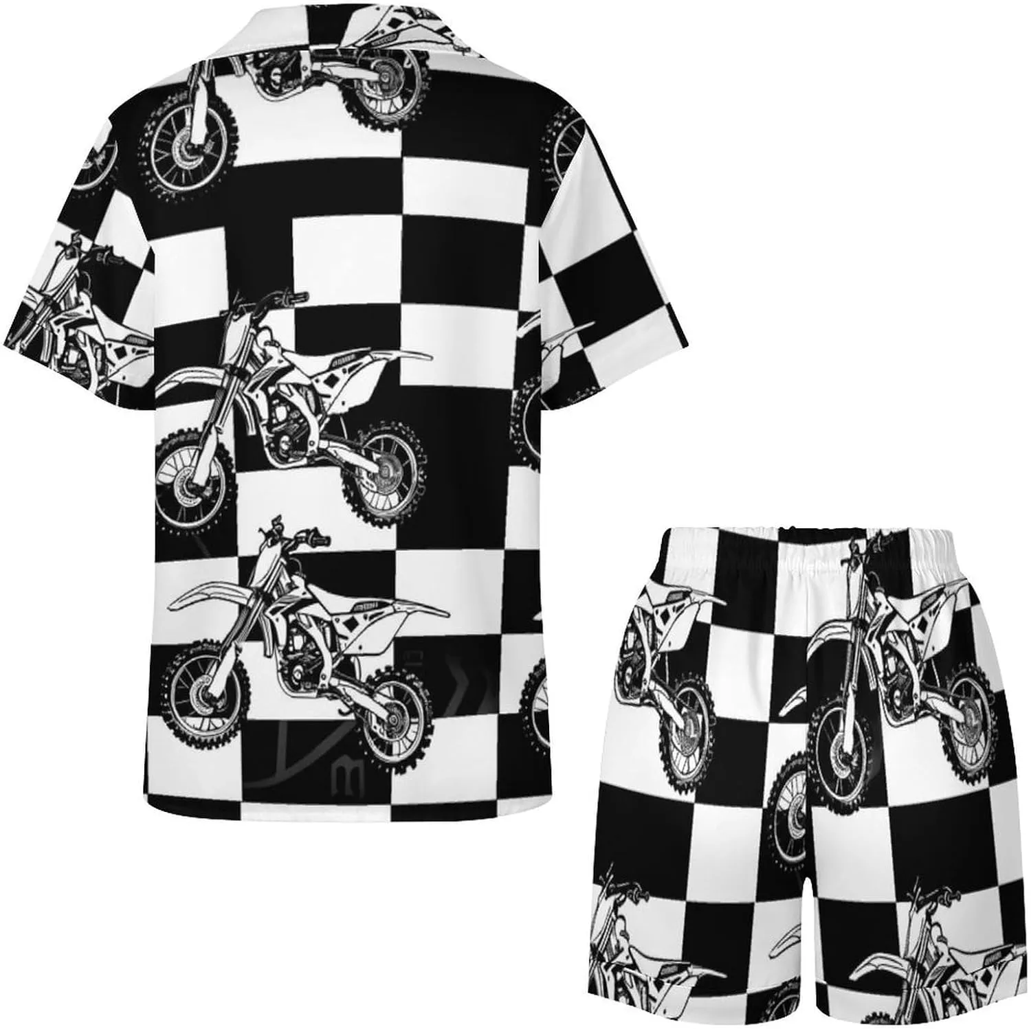Black And White Plaid Dirt Bikes Women's Satin Pajama Set Short Sleeve Button Down Sleepwear Loungewear Pj Set