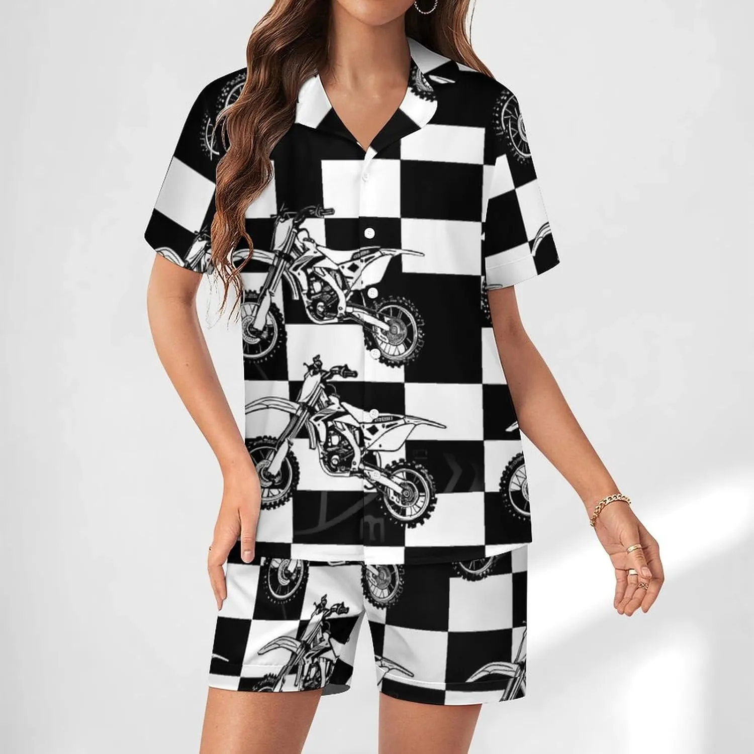 Black And White Plaid Dirt Bikes Women's Satin Pajama Set Short Sleeve Button Down Sleepwear Loungewear Pj Set