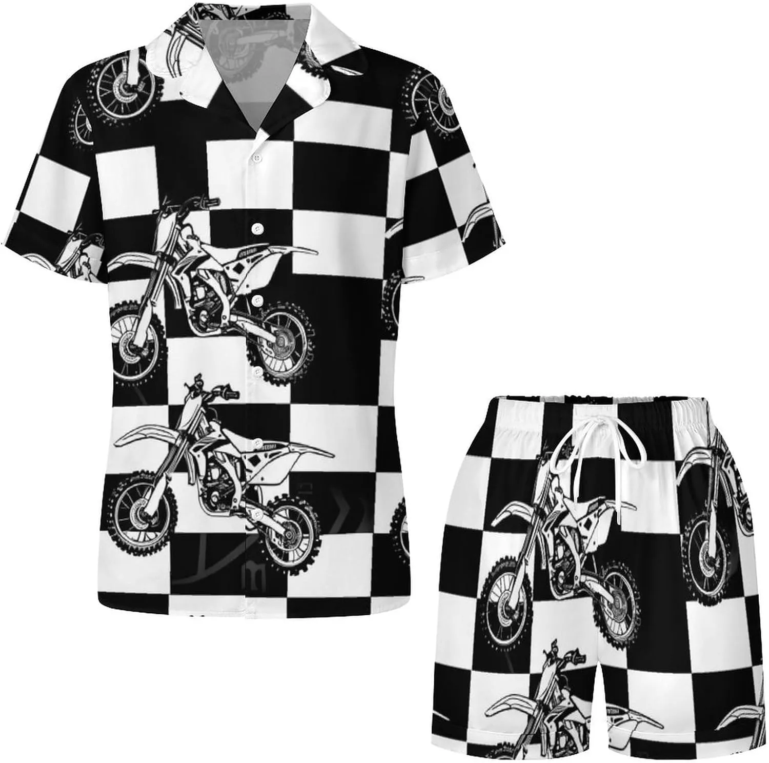 Black And White Plaid Dirt Bikes Women's Satin Pajama Set Short Sleeve Button Down Sleepwear Loungewear Pj Set