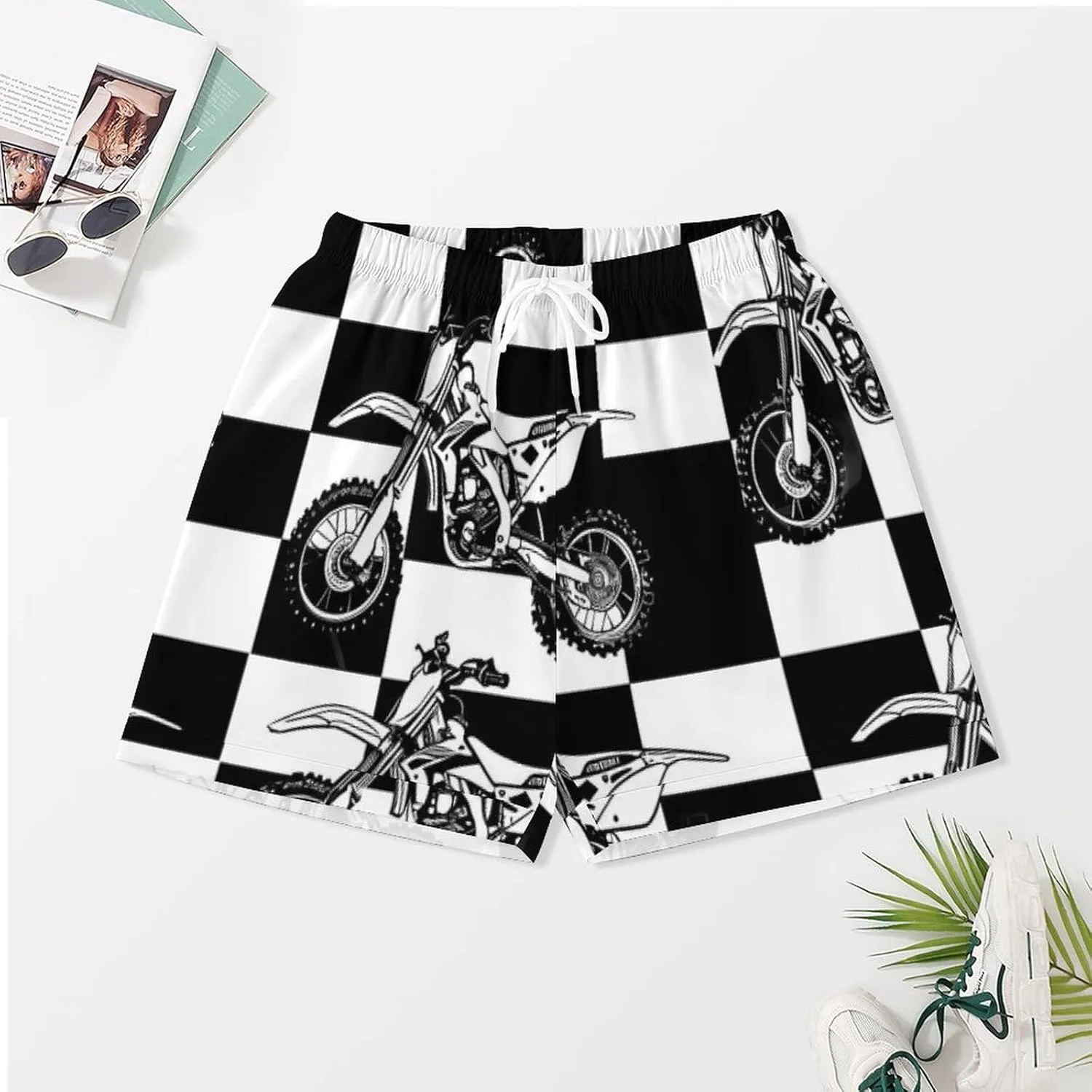 Black And White Plaid Dirt Bikes Women's Satin Pajama Set Short Sleeve Button Down Sleepwear Loungewear Pj Set