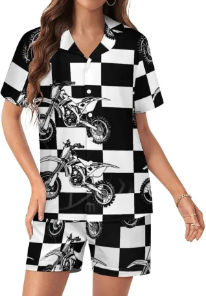 Black And White Plaid Dirt Bikes Women's Satin Pajama Set Short Sleeve Button Down Sleepwear Loungewear Pj Set