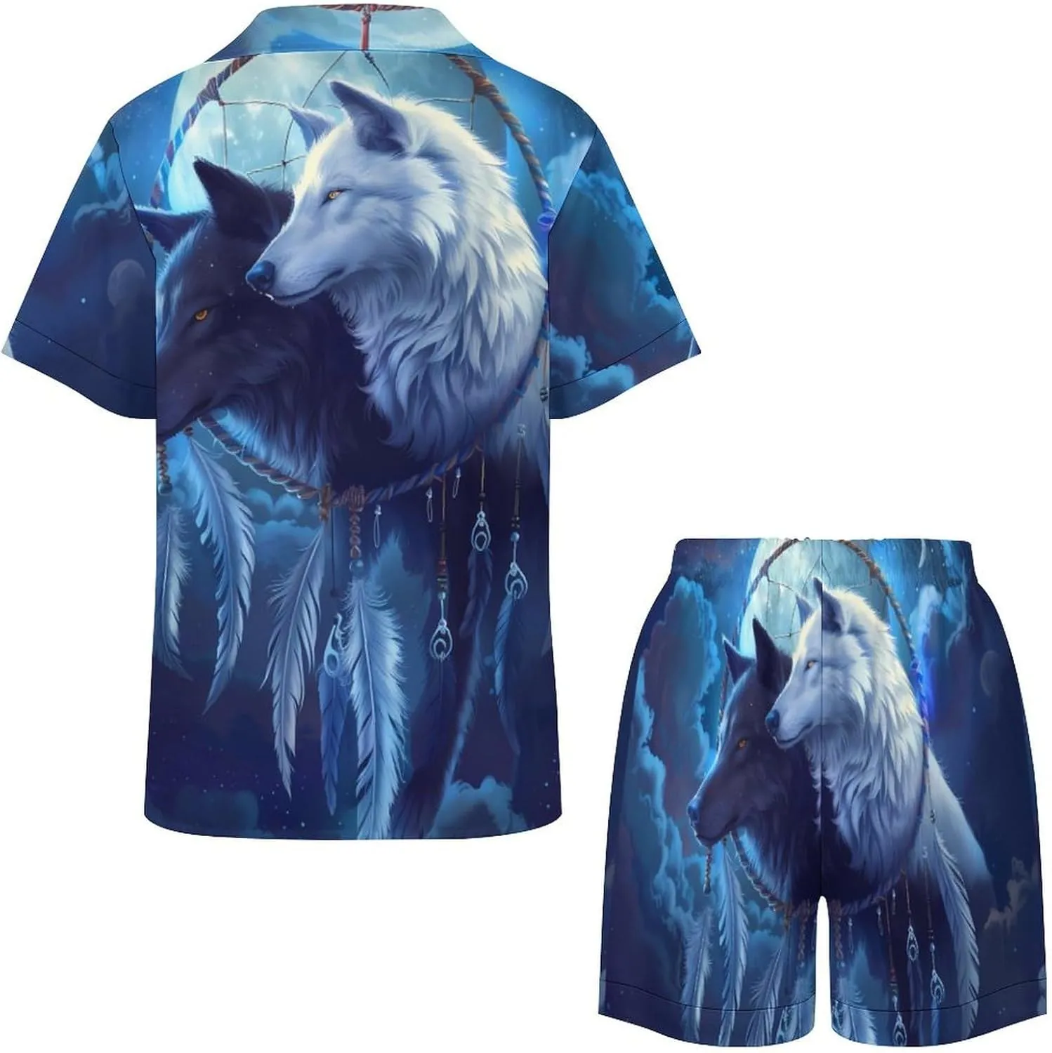 Black And White Wolf Women's Satin Pajama Set Short Sleeve Button Down Sleepwear Loungewear Pj Set