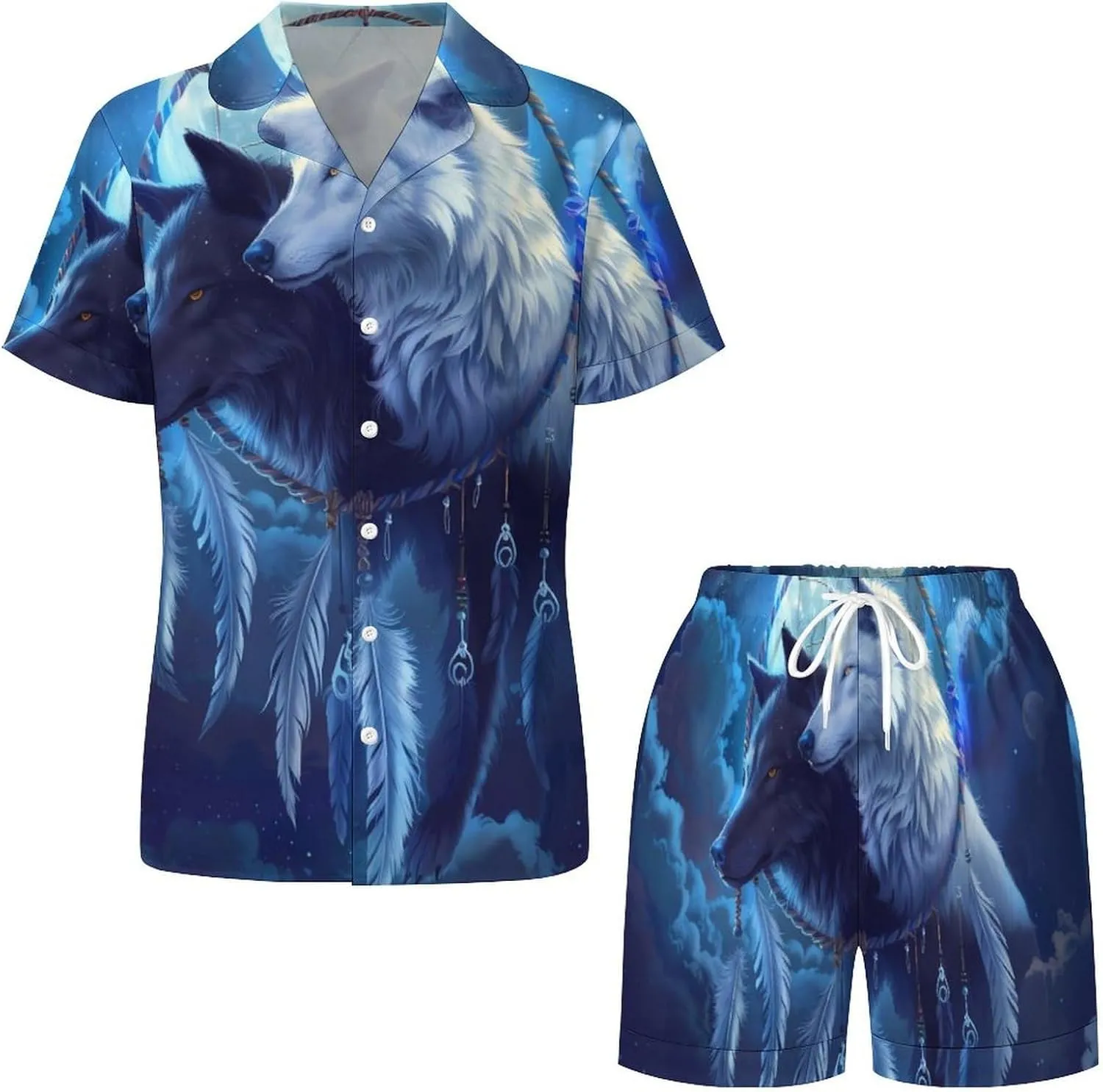 Black And White Wolf Women's Satin Pajama Set Short Sleeve Button Down Sleepwear Loungewear Pj Set
