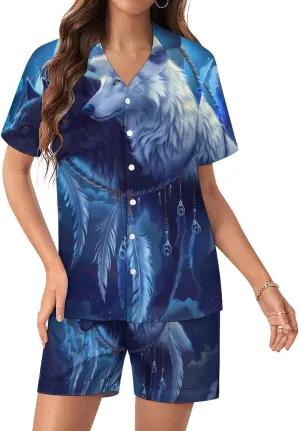 Black And White Wolf Women's Satin Pajama Set Short Sleeve Button Down Sleepwear Loungewear Pj Set