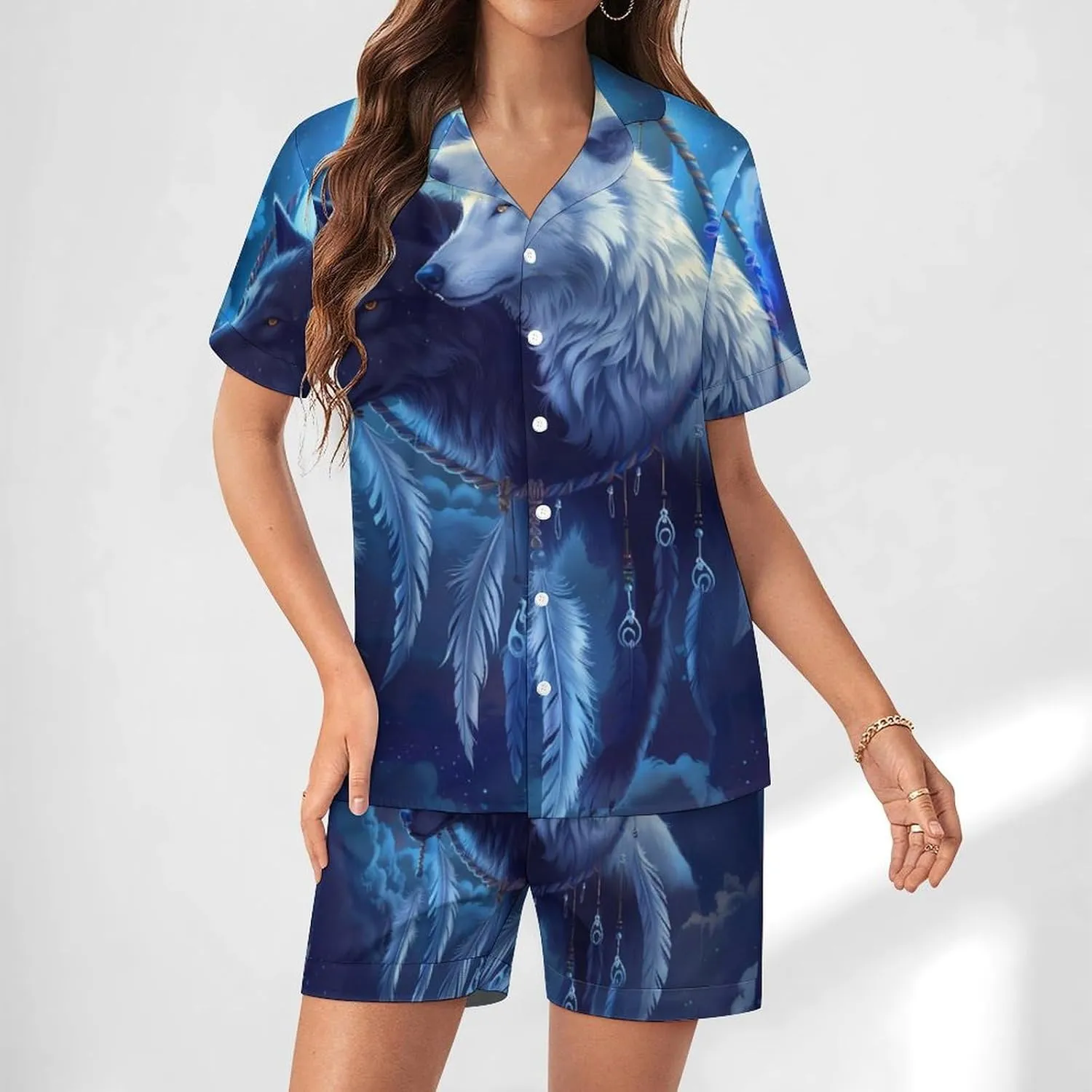 Black And White Wolf Women's Satin Pajama Set Short Sleeve Button Down Sleepwear Loungewear Pj Set