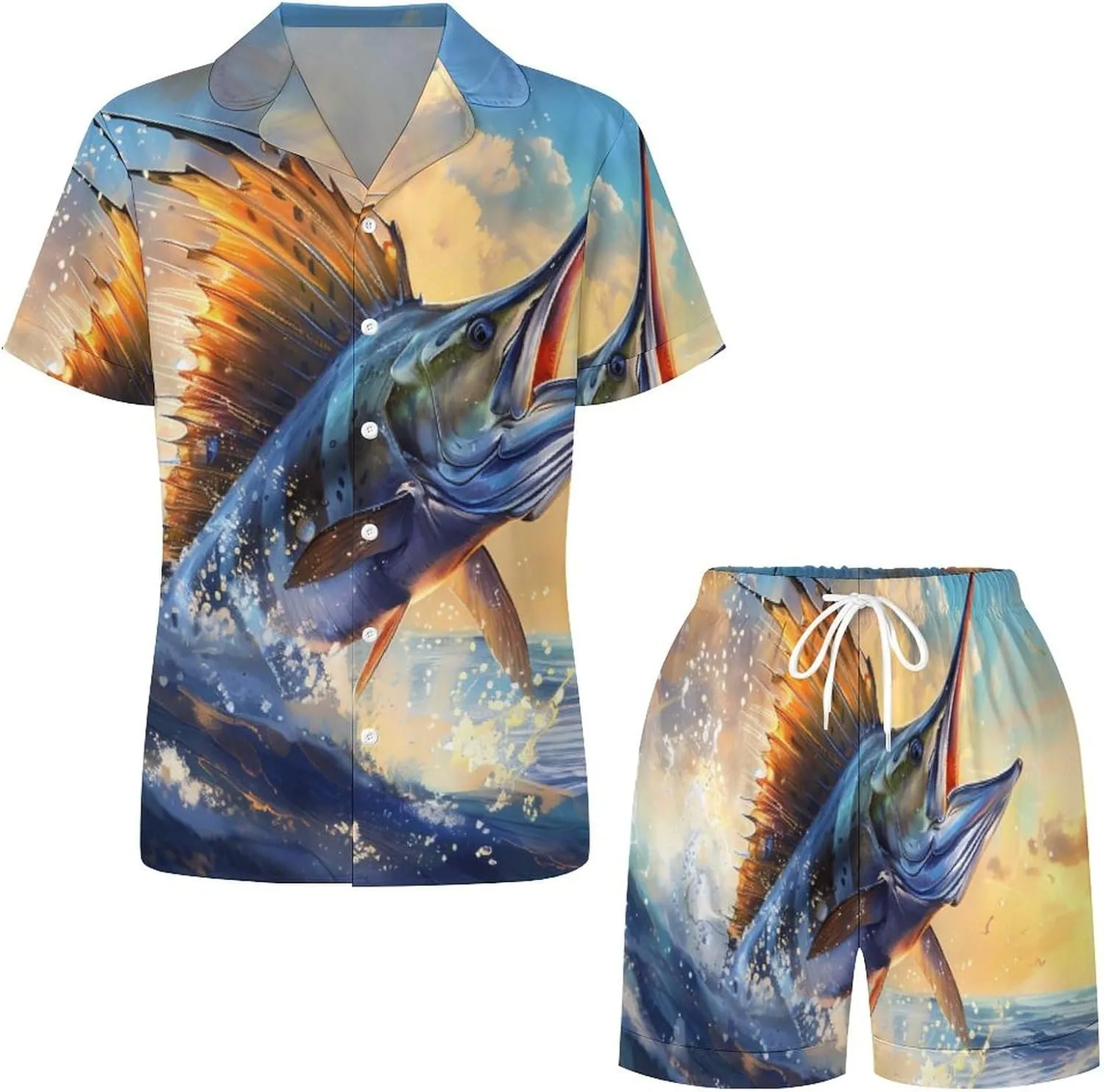 Blue Ocean Marlin Fish Women's Satin Pajama Set Short Sleeve Button Down Sleepwear Loungewear Pj Set