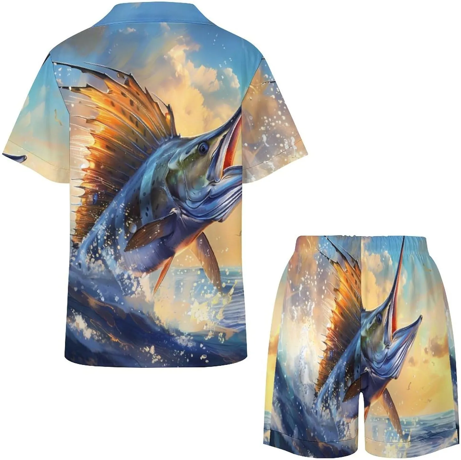 Blue Ocean Marlin Fish Women's Satin Pajama Set Short Sleeve Button Down Sleepwear Loungewear Pj Set