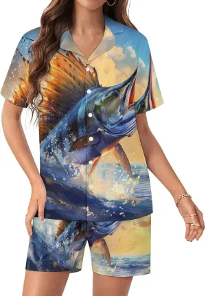 Blue Ocean Marlin Fish Women's Satin Pajama Set Short Sleeve Button Down Sleepwear Loungewear Pj Set