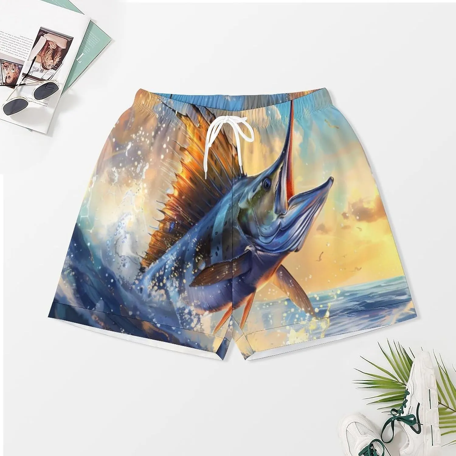 Blue Ocean Marlin Fish Women's Satin Pajama Set Short Sleeve Button Down Sleepwear Loungewear Pj Set