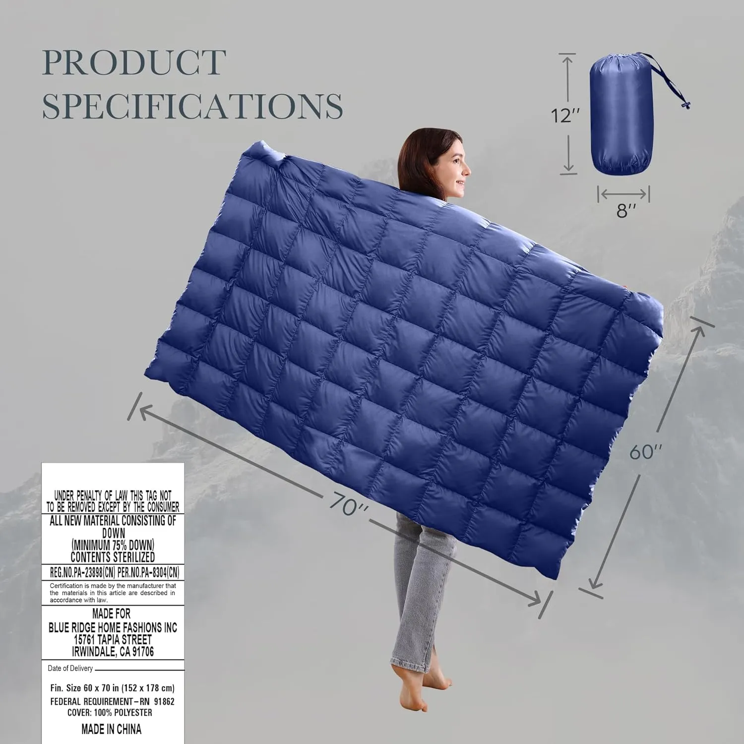 Blue Ridge Activ Fluffy 650 Fill Power Outdoor Packable Down Throw Blanket for Camping Hiking with Carrying Pouch - Lightweight and Durable Blanket 60" x 70" for Traveling, Beach Trips