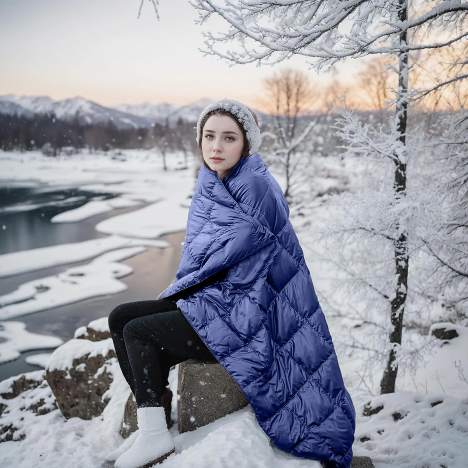 Blue Ridge Activ Fluffy 650 Fill Power Outdoor Packable Down Throw Blanket for Camping Hiking with Carrying Pouch - Lightweight and Durable Blanket 60" x 70" for Traveling, Beach Trips