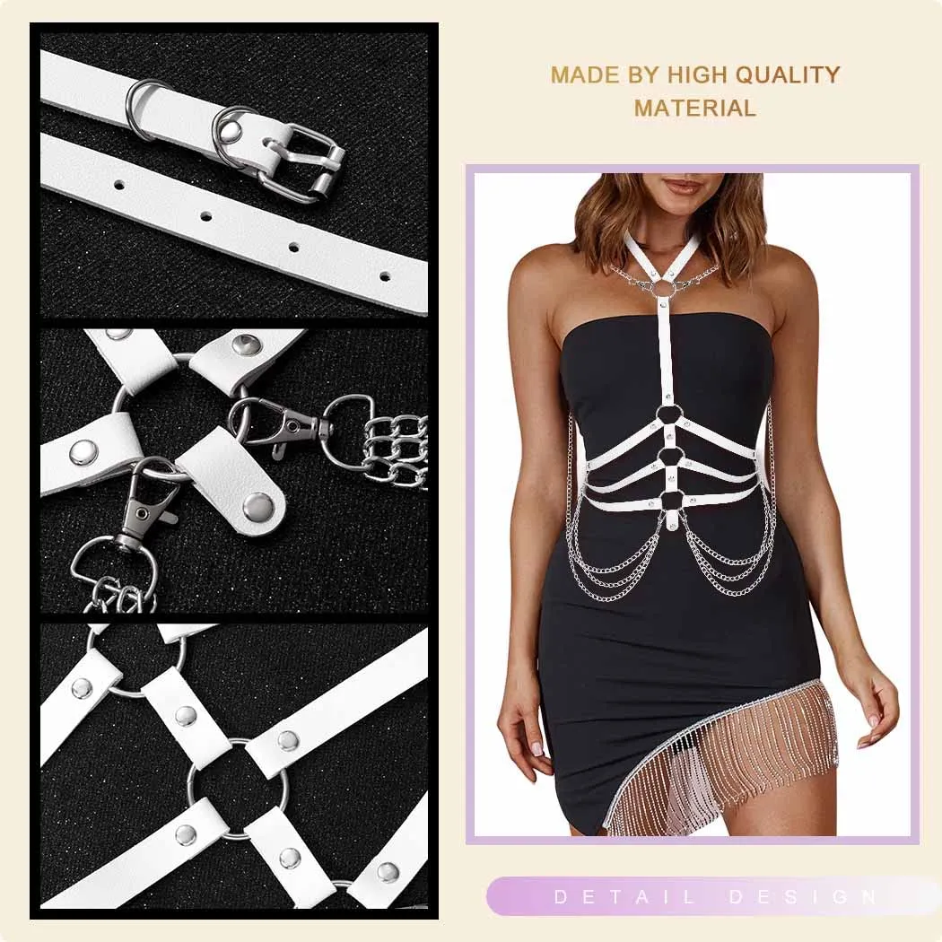 BODIY Fashion Harness Belt Plus Size Harness Waist Belts Punk Leather Body Harness for Women (White)
