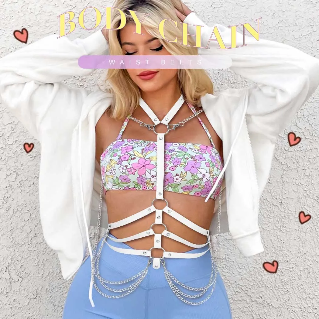 BODIY Fashion Harness Belt Plus Size Harness Waist Belts Punk Leather Body Harness for Women (White)