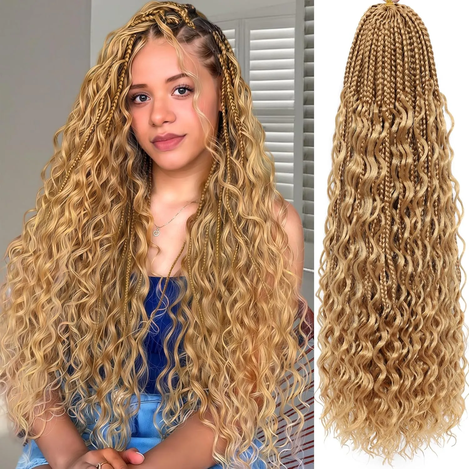 Boho Box Braids Crochet Hair for Black Women 24 Inch 7 Packs Goddess Box Braids Crochet Hair Pre-Looped with Curly Ends Honey Blonde Bohemian Synthetic Briading Hair Extensions,27