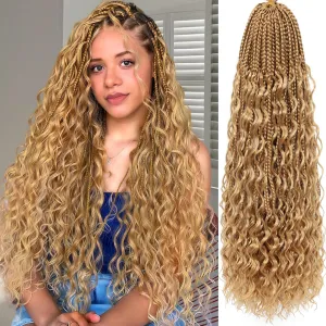Boho Box Braids Crochet Hair for Black Women 24 Inch 7 Packs Goddess Box Braids Crochet Hair Pre-Looped with Curly Ends Honey Blonde Bohemian Synthetic Briading Hair Extensions,27
