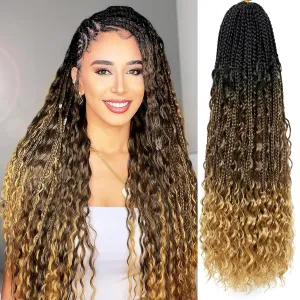 Boho Box Braids Crochet Hair for Black Women 24 Inch 7 Packs Goddess Box Braids Crochet Hair Pre-Looped with Curly Ends Ombre Bohemian Synthetic Briading Hair Extensions,1B/30/27