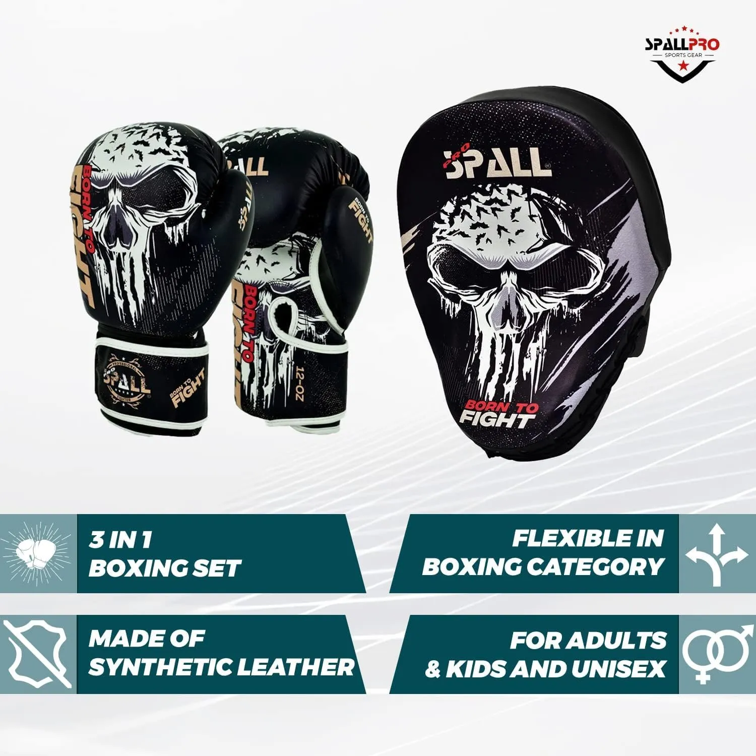 Boxing Training Set - Synthetic Leather Boxing Gloves with Focus Pad Boxing Mitts, MMA Training with Punch Gloves MMA Boxing Mitts for Kids Adults, Born to Fight