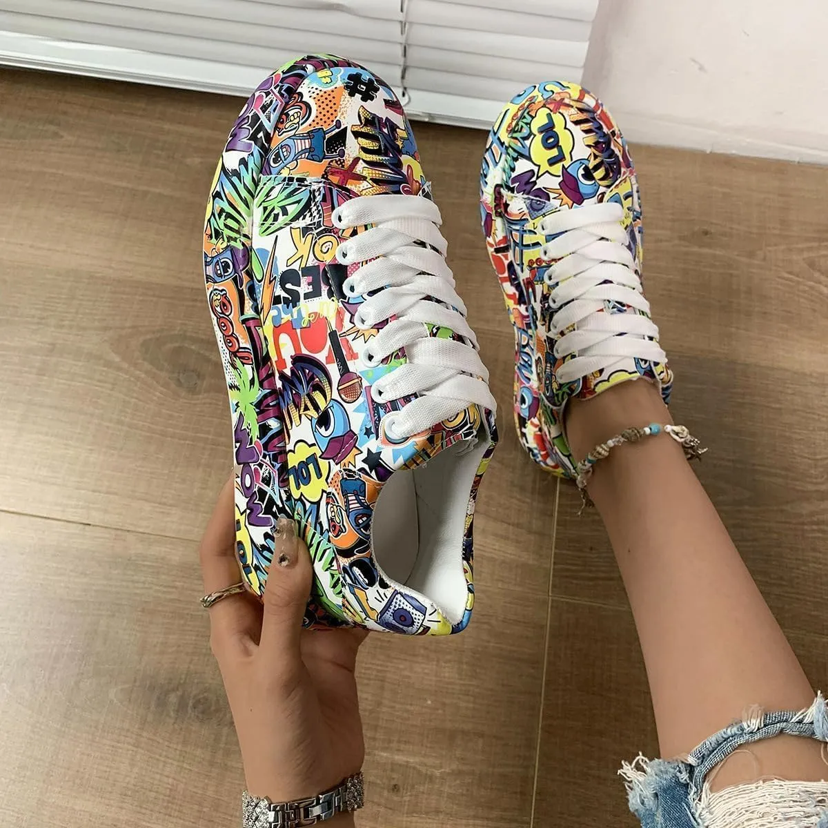 Breathable Low-top Lace-up Graffiti Running Shoes for Men Women - Ideal for Gym, Tennis, Walking, and Fashion