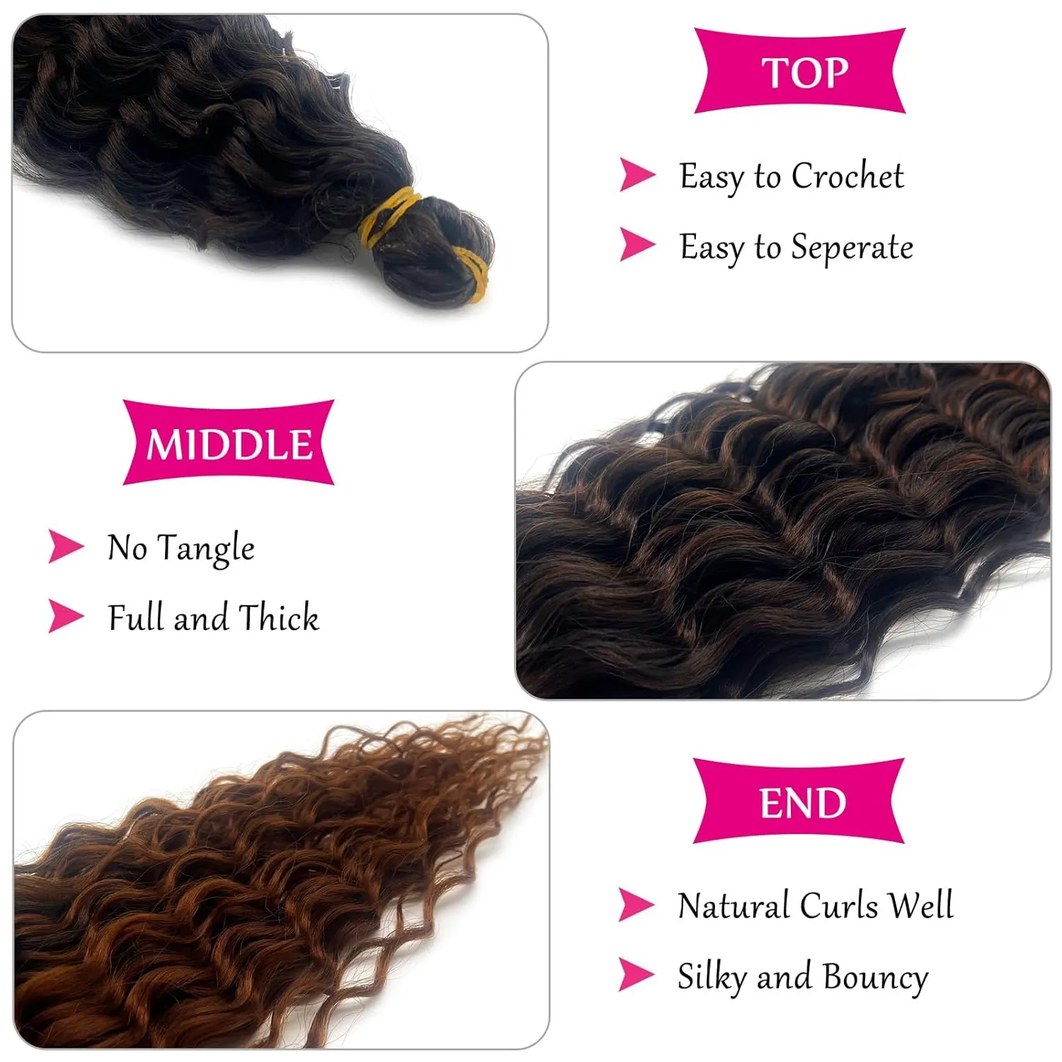 Brown Ombre Braiding Hair Pre Stretched with Boho Braids 1b/30 Curly Deep Ocean Wave Crochet Hair Natural Color Synthetic Knotless Boho Braiding Hair for Bohemian Braids 5 Packs