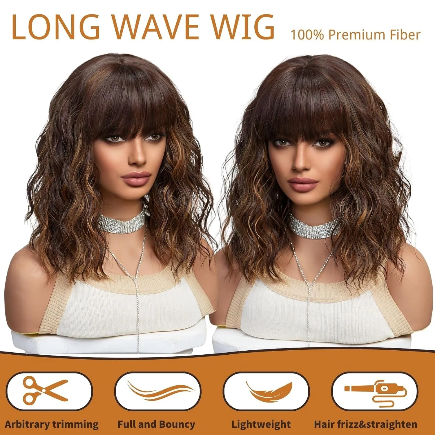 Brown Wig with Bangs,Shoulder Length Bob Curly Wavy Wigs for Women Brown Highlight Wig, Heat-resistant Synthetic Hair Wigs for Cosplay Party Daily Use