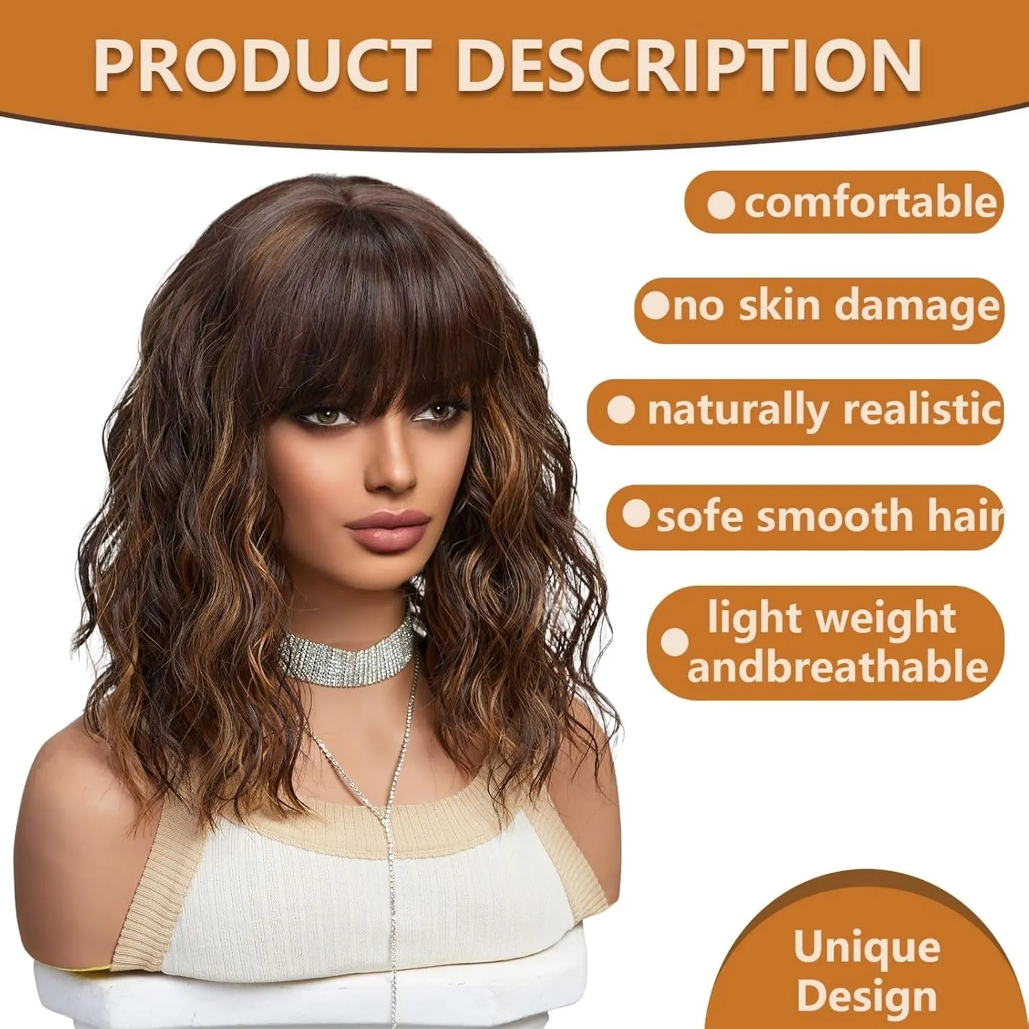 Brown Wig with Bangs,Shoulder Length Bob Curly Wavy Wigs for Women Brown Highlight Wig, Heat-resistant Synthetic Hair Wigs for Cosplay Party Daily Use