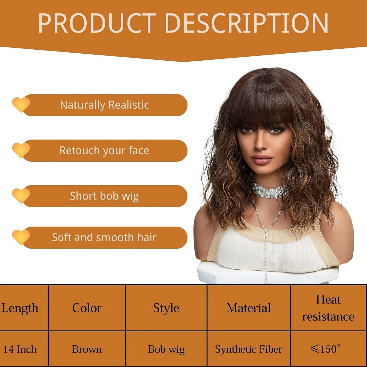 Brown Wig with Bangs,Shoulder Length Bob Curly Wavy Wigs for Women Brown Highlight Wig, Heat-resistant Synthetic Hair Wigs for Cosplay Party Daily Use
