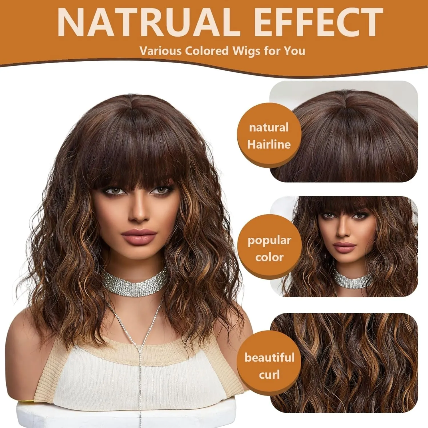 Brown Wig with Bangs,Shoulder Length Bob Curly Wavy Wigs for Women Brown Highlight Wig, Heat-resistant Synthetic Hair Wigs for Cosplay Party Daily Use