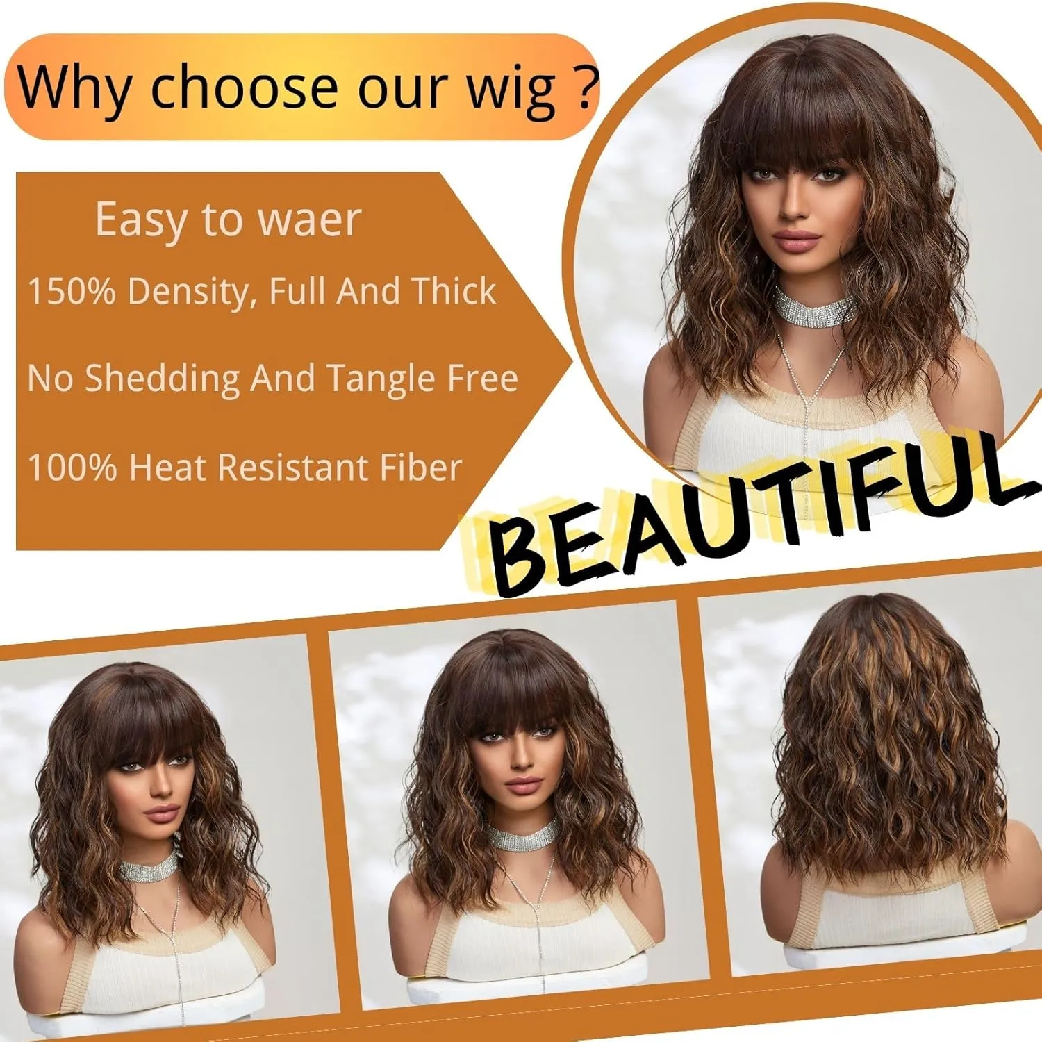 Brown Wig with Bangs,Shoulder Length Bob Curly Wavy Wigs for Women Brown Highlight Wig, Heat-resistant Synthetic Hair Wigs for Cosplay Party Daily Use