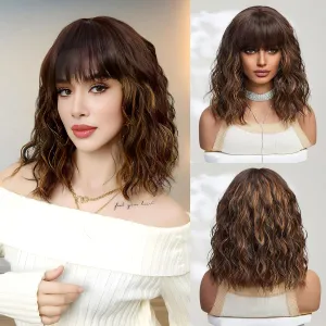Brown Wig with Bangs,Shoulder Length Bob Curly Wavy Wigs for Women Brown Highlight Wig, Heat-resistant Synthetic Hair Wigs for Cosplay Party Daily Use