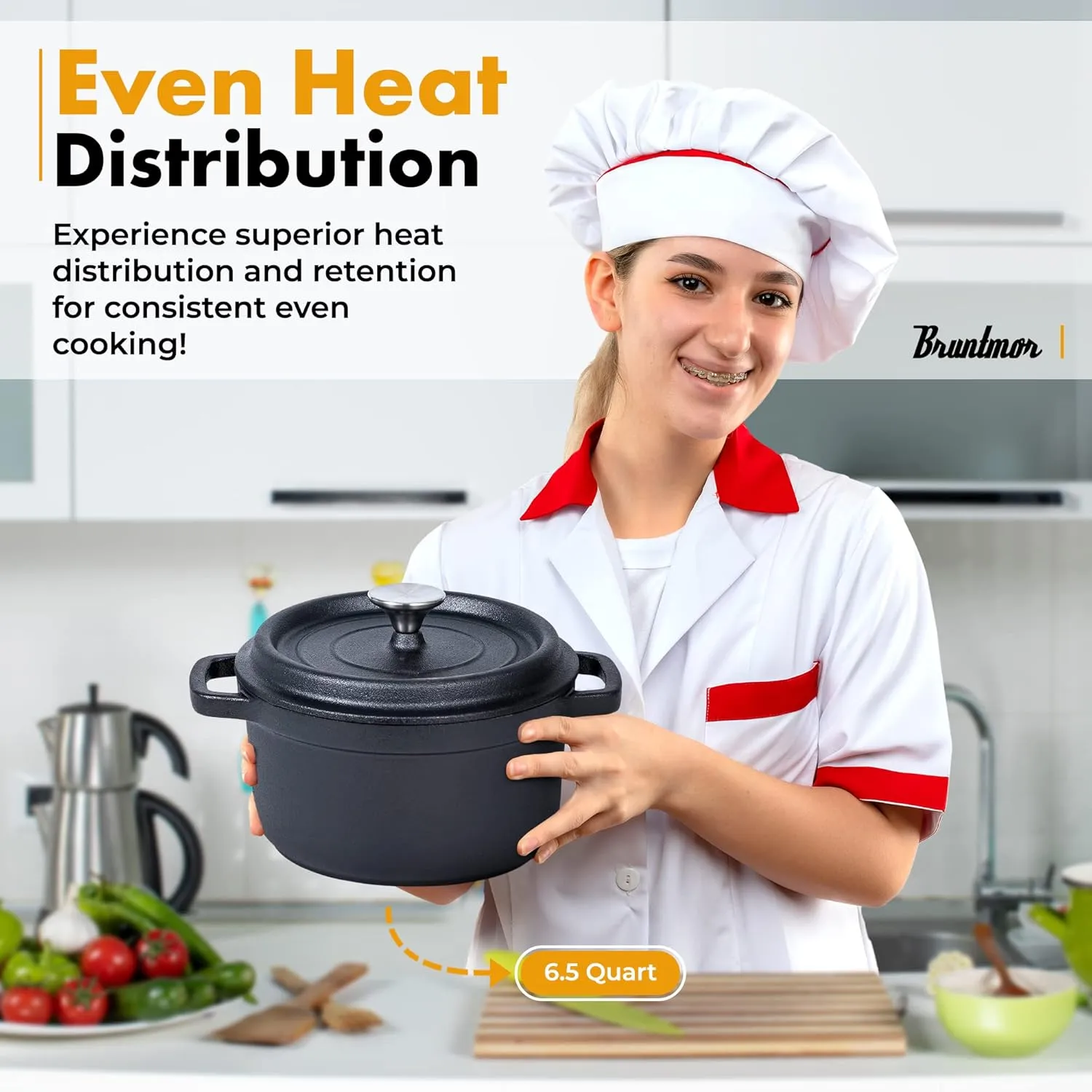 Bruntmor 5.2 Quart Pre-Seasoned Cast Iron Dutch Oven with Lid and Handles - Versatile Black Cast Iron Skillet - Shallow Cookware for Casseroles and Braising Dishes - Works with Induction Stovetops