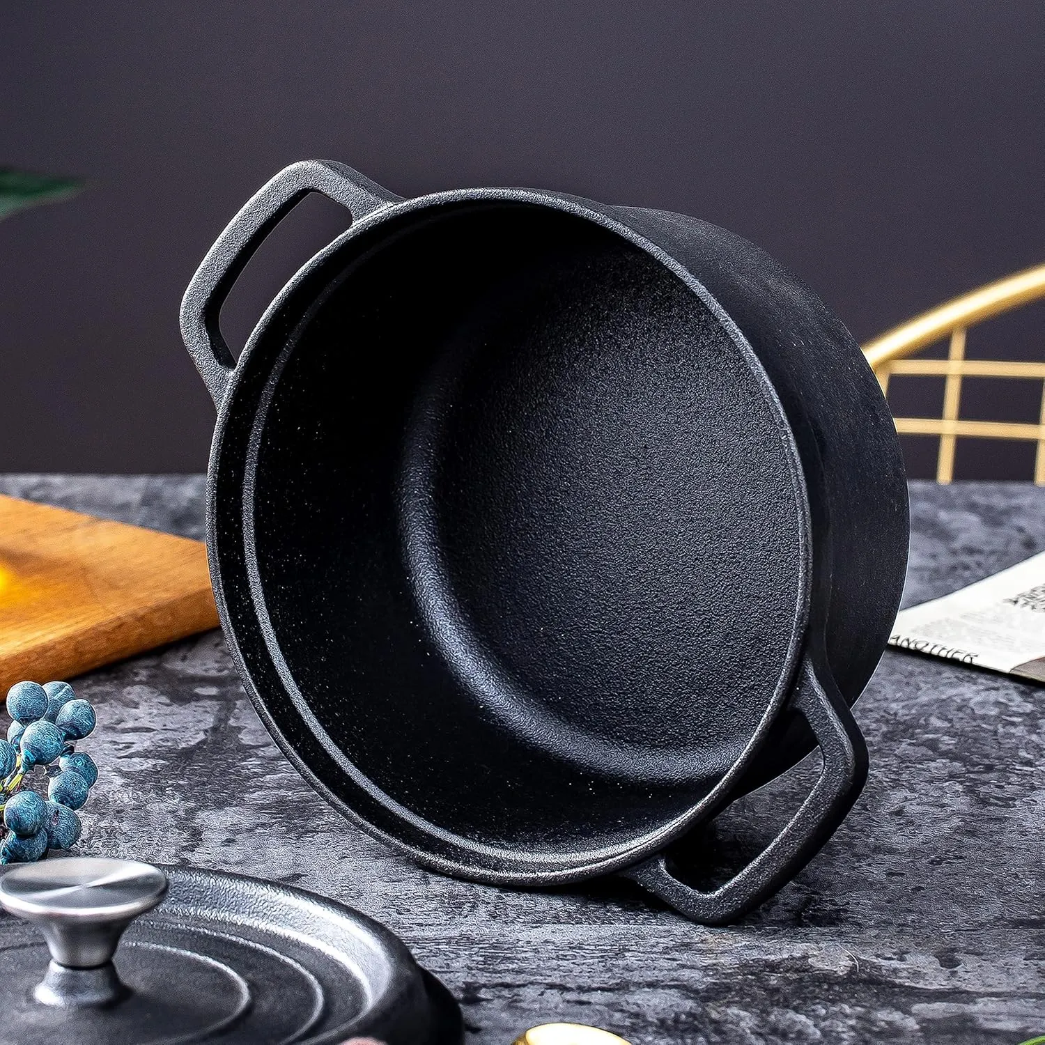Bruntmor 5.2 Quart Pre-Seasoned Cast Iron Dutch Oven with Lid and Handles - Versatile Black Cast Iron Skillet - Shallow Cookware for Casseroles and Braising Dishes - Works with Induction Stovetops
