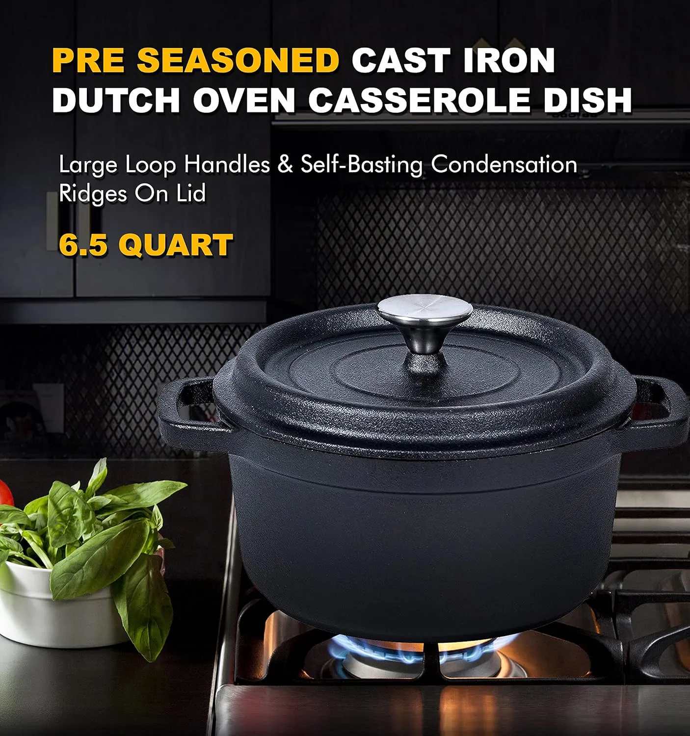 Bruntmor 5.2 Quart Pre-Seasoned Cast Iron Dutch Oven with Lid and Handles - Versatile Black Cast Iron Skillet - Shallow Cookware for Casseroles and Braising Dishes - Works with Induction Stovetops