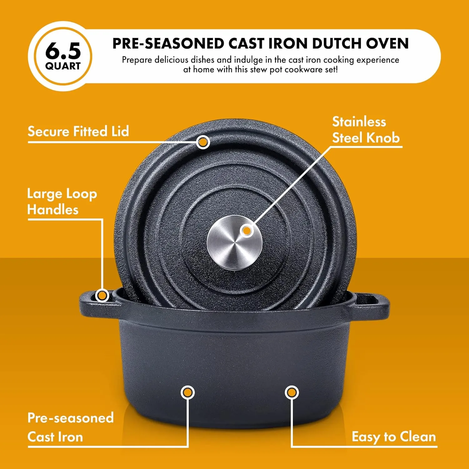 Bruntmor 5.2 Quart Pre-Seasoned Cast Iron Dutch Oven with Lid and Handles - Versatile Black Cast Iron Skillet - Shallow Cookware for Casseroles and Braising Dishes - Works with Induction Stovetops