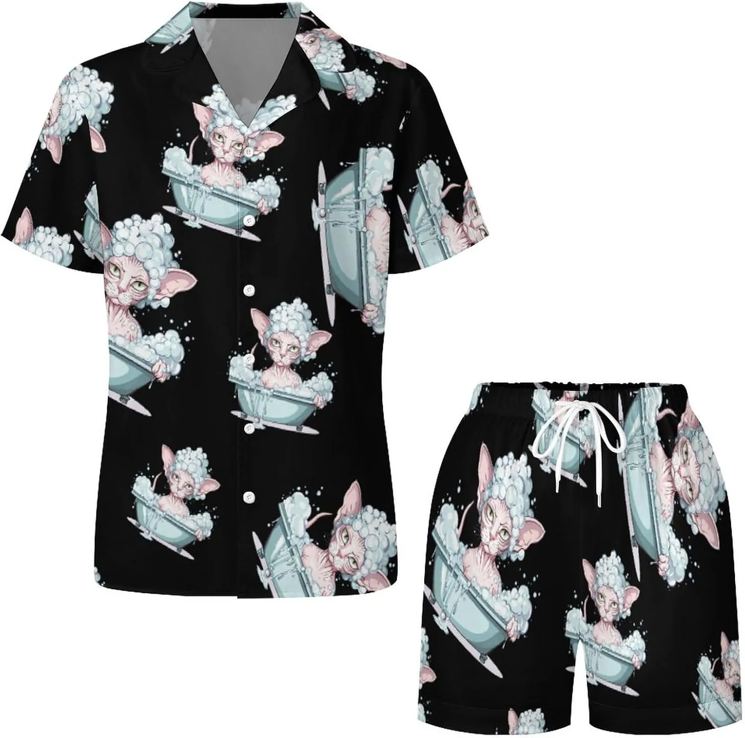 Bubble Bath Sphynxs Cat Women's Satin Pajama Set Short Sleeve Button Down Sleepwear Loungewear Pj Set