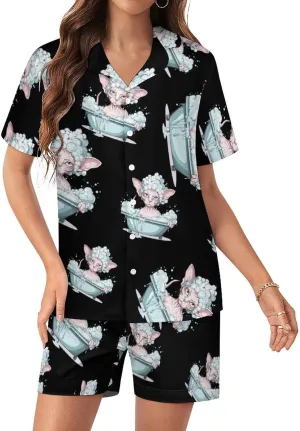Bubble Bath Sphynxs Cat Women's Satin Pajama Set Short Sleeve Button Down Sleepwear Loungewear Pj Set