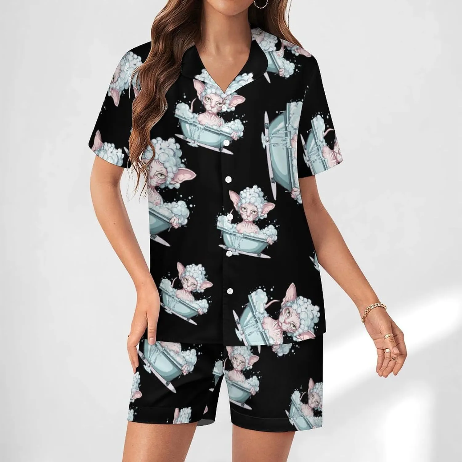 Bubble Bath Sphynxs Cat Women's Satin Pajama Set Short Sleeve Button Down Sleepwear Loungewear Pj Set