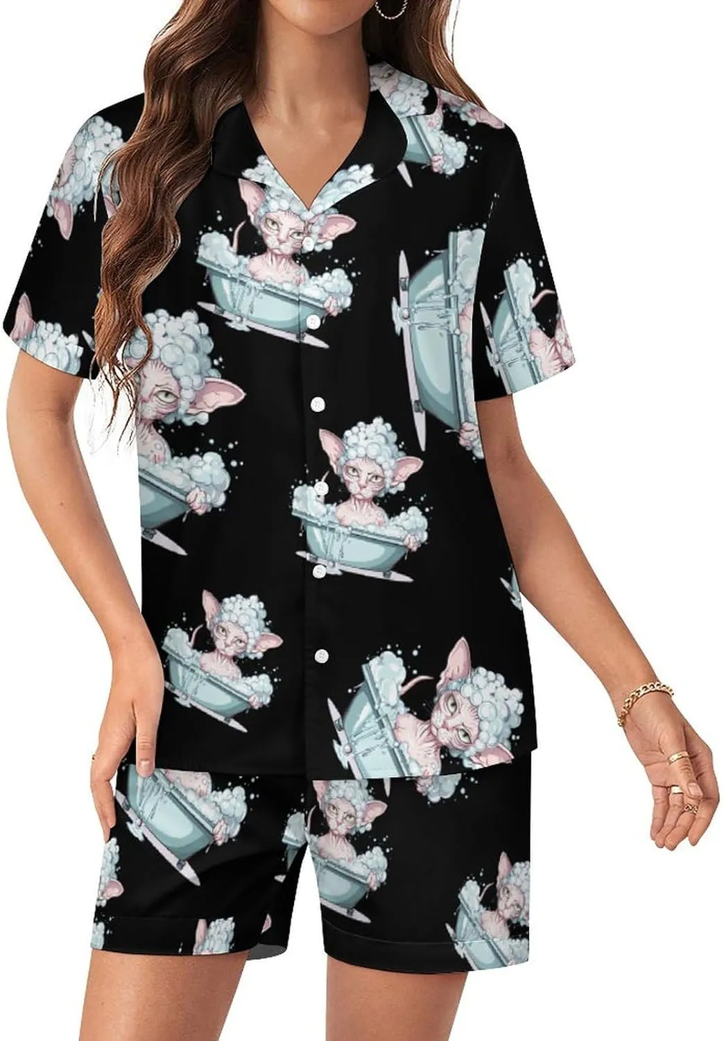 Bubble Bath Sphynxs Cat Women's Satin Pajama Set Short Sleeve Button Down Sleepwear Loungewear Pj Set