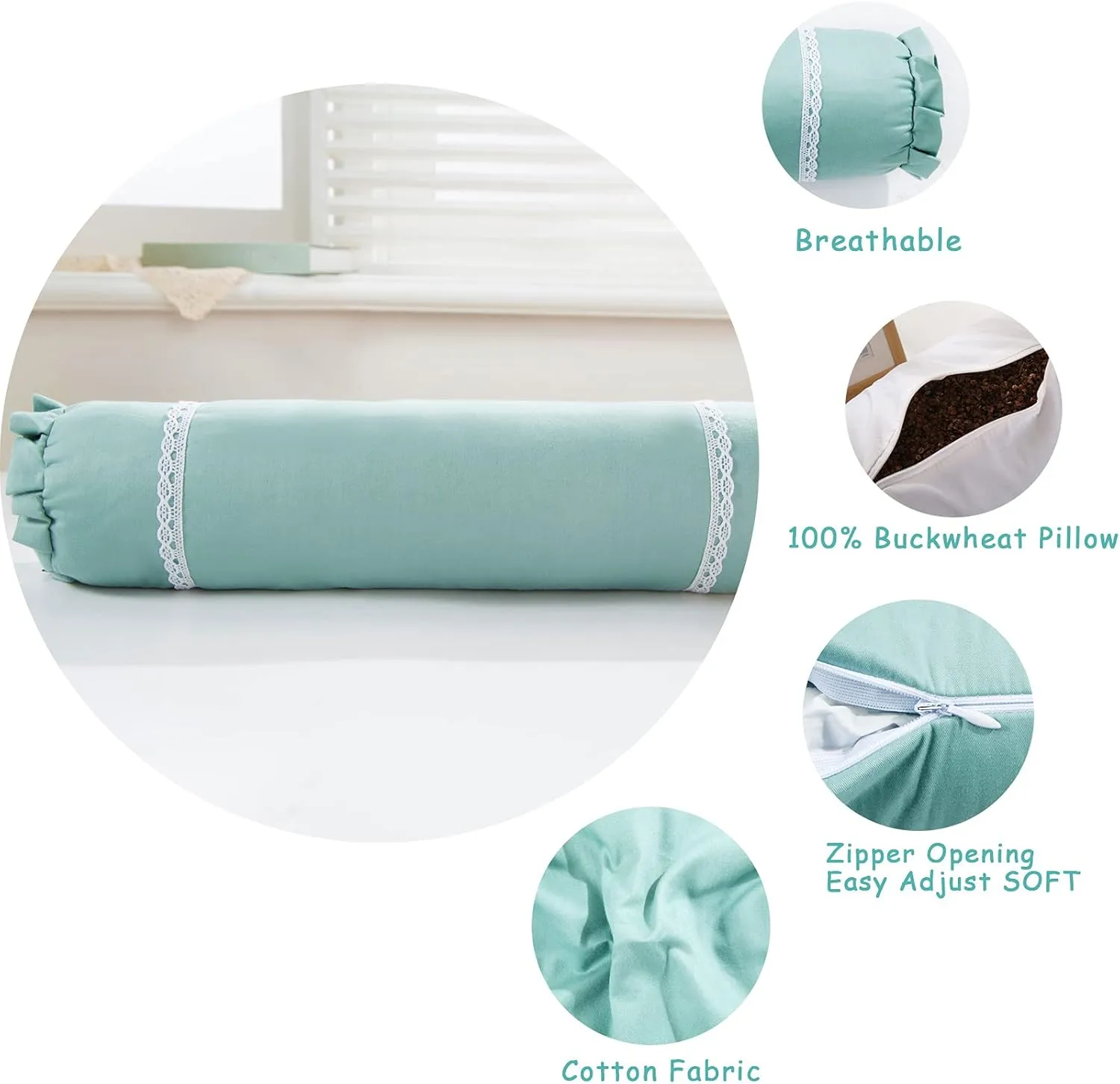Buckwheat Neck Pillow for Recliner Neck Roll Fillows Comfortable Cervical Fillow Lumbar Support Cushion Round Cylinder Pillow for Sleeping Removable Pillowcase (16x4 Inch, Blue)