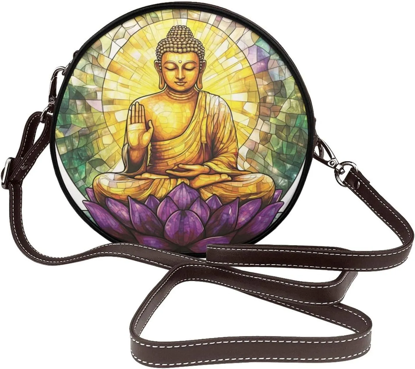 Buddha Statue With Golden Halo Women Round Crossbody Bags Leather Sling Bag Purse