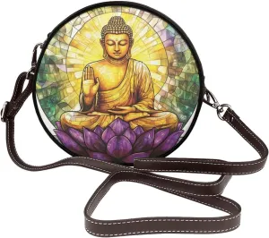 Buddha Statue With Golden Halo Women Round Crossbody Bags Leather Sling Bag Purse