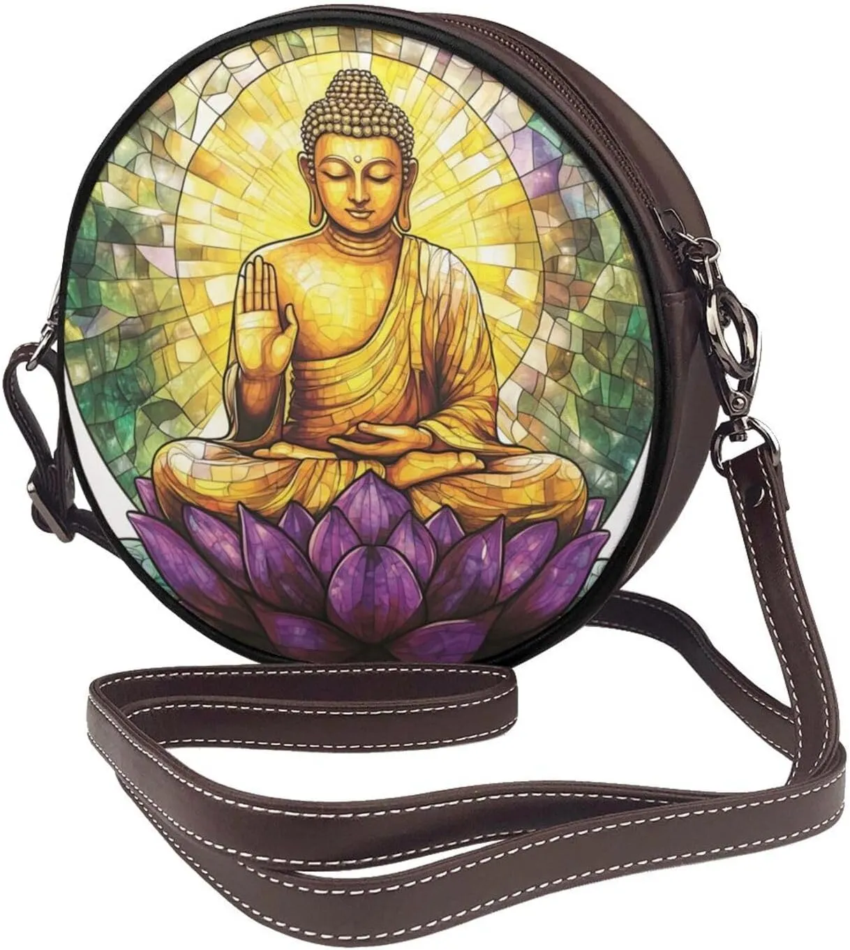 Buddha Statue With Golden Halo Women Round Crossbody Bags Leather Sling Bag Purse