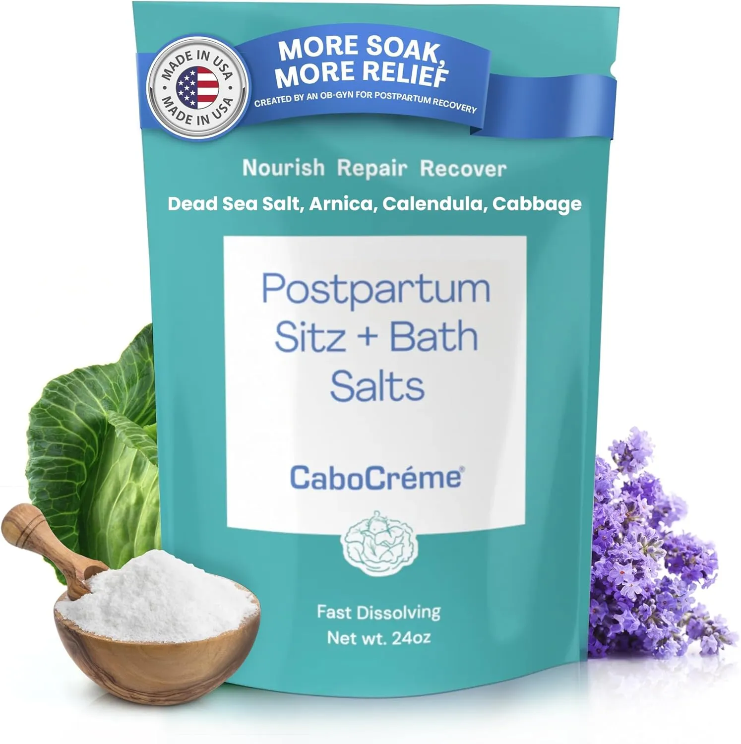 CaboCréme Postpartum Sitz   Bath Salts – 24oz – Postpartum Bath Soak for Perineal Care, Healing Tears, Swelling & Hemorrhoids – Dead Sea Salt with Magnesium, Arnica, Calendula   Cabbage Extract