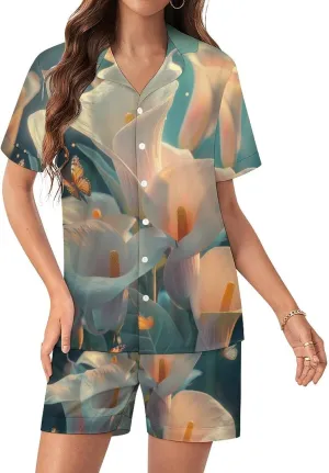 Calla Lilies Bouquet Butterfly Women's Satin Pajama Set Short Sleeve Button Down Sleepwear Loungewear Pj Set