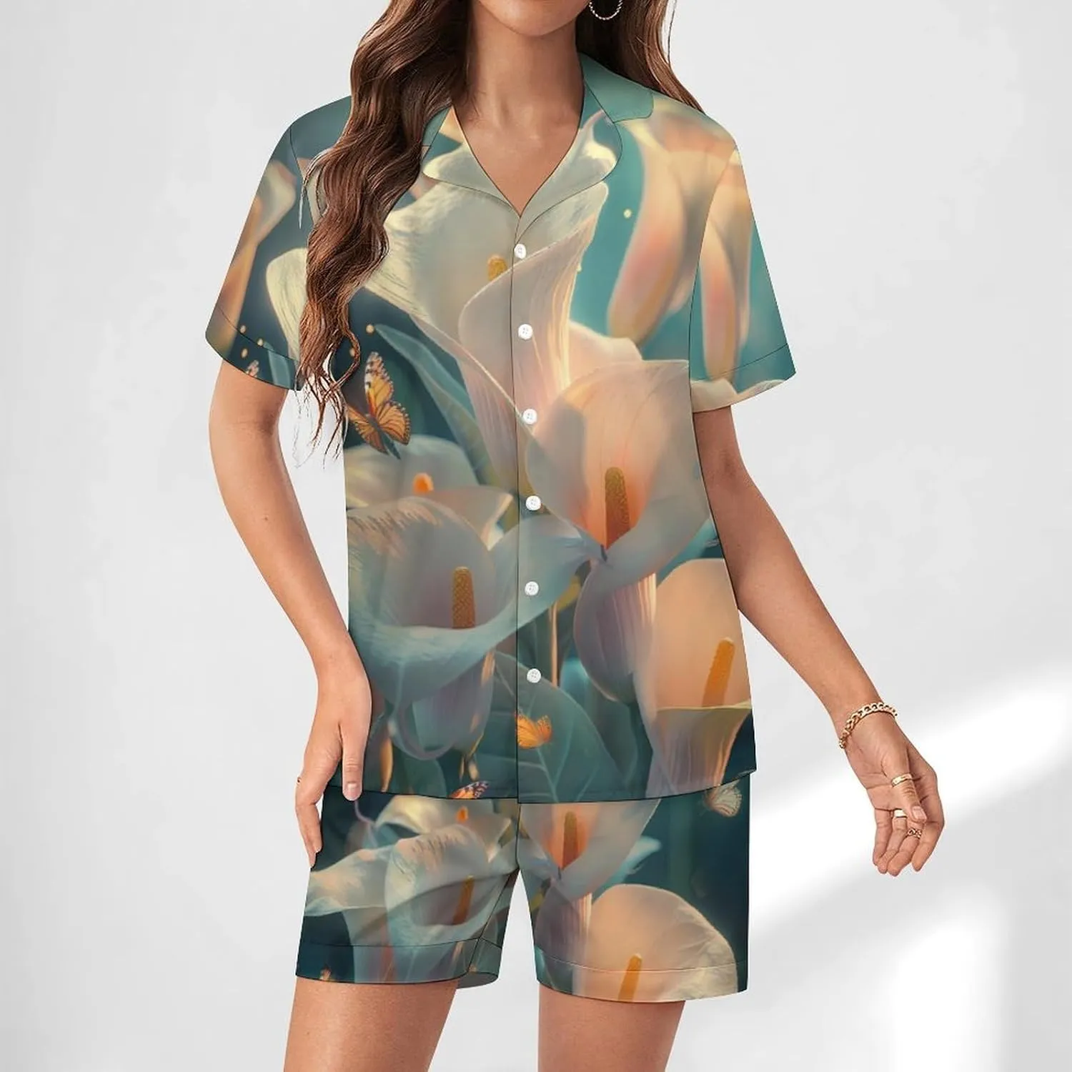 Calla Lilies Bouquet Butterfly Women's Satin Pajama Set Short Sleeve Button Down Sleepwear Loungewear Pj Set