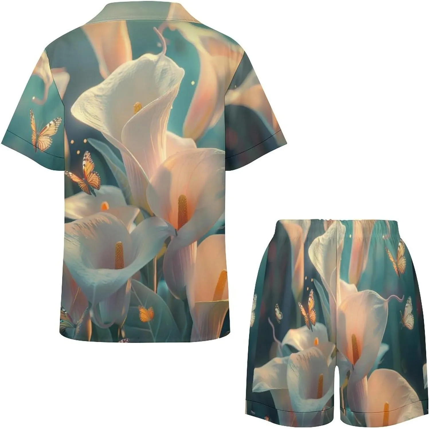 Calla Lilies Bouquet Butterfly Women's Satin Pajama Set Short Sleeve Button Down Sleepwear Loungewear Pj Set