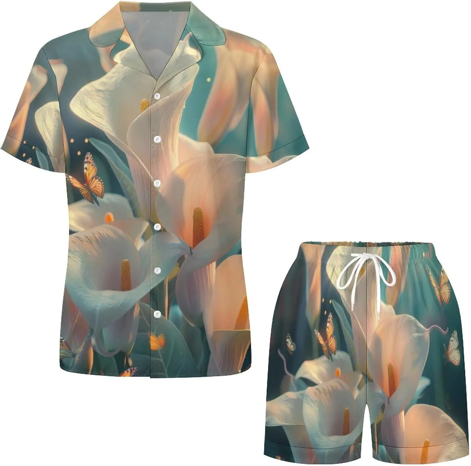 Calla Lilies Bouquet Butterfly Women's Satin Pajama Set Short Sleeve Button Down Sleepwear Loungewear Pj Set