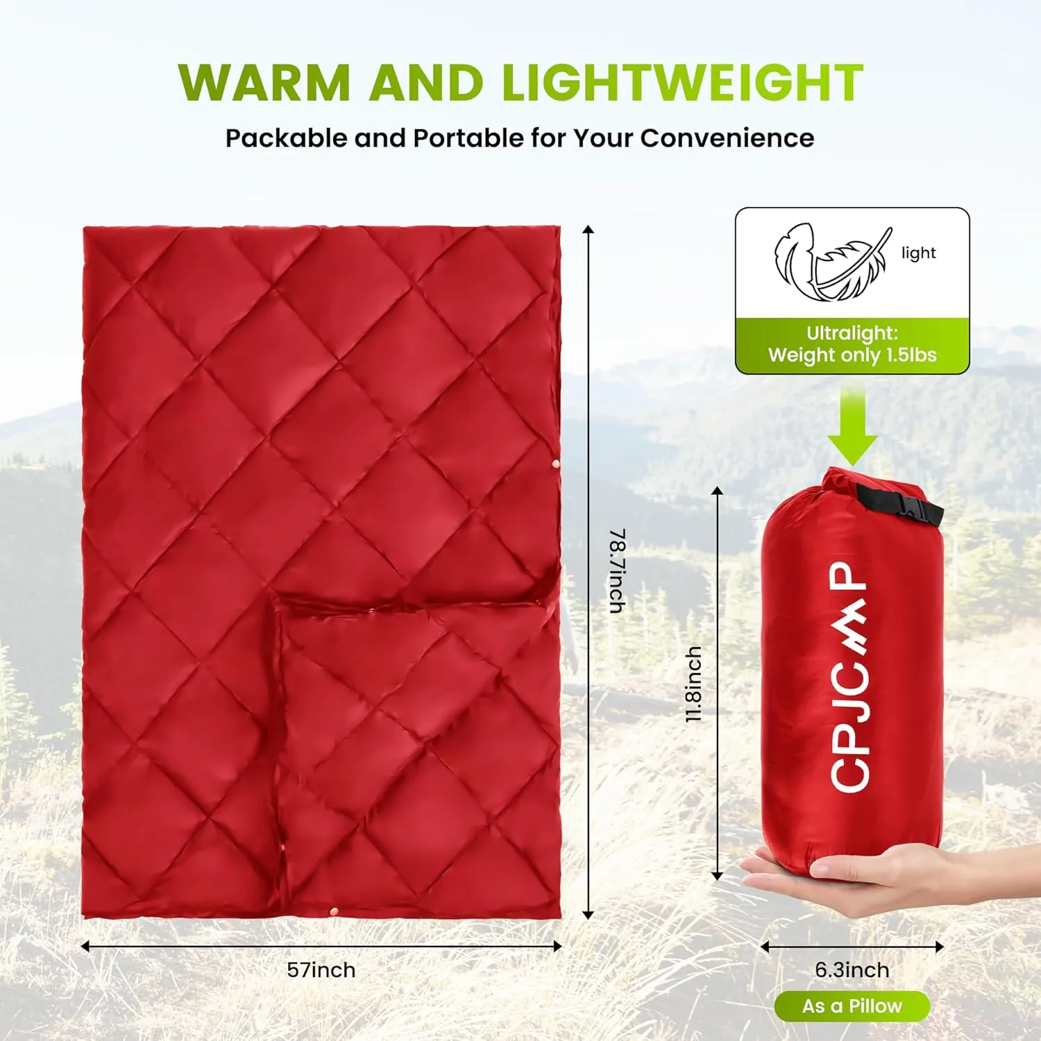Camping Blanket - Outdoor Travel Blanket, Packable, Puffy Blanket, Lightweight & Multifunctional Quilt for Camping, Hiking, Backpacking,Airplane,Outdoors, Travel, Beach, Red, 57” x 78.7”