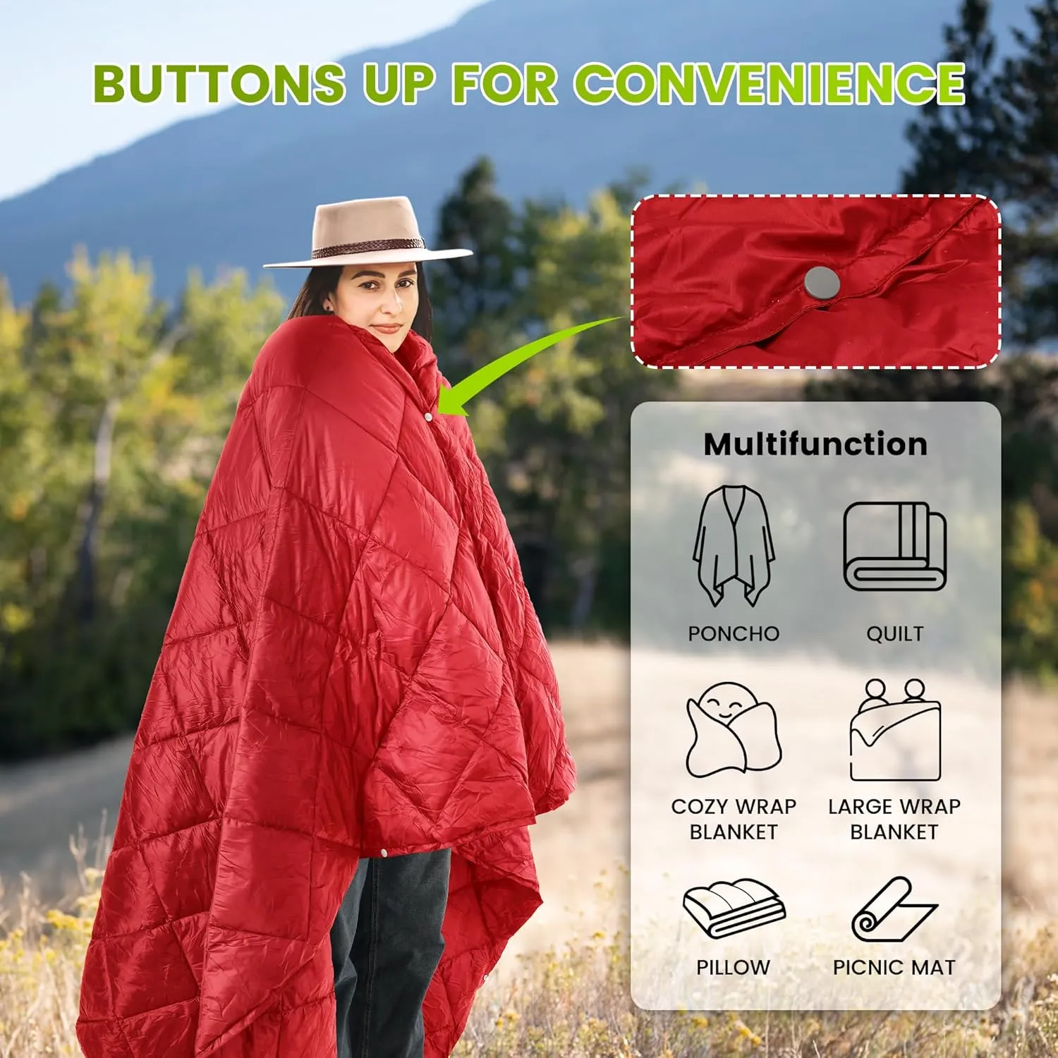 Camping Blanket - Outdoor Travel Blanket, Packable, Puffy Blanket, Lightweight & Multifunctional Quilt for Camping, Hiking, Backpacking,Airplane,Outdoors, Travel, Beach, Red, 57” x 78.7”