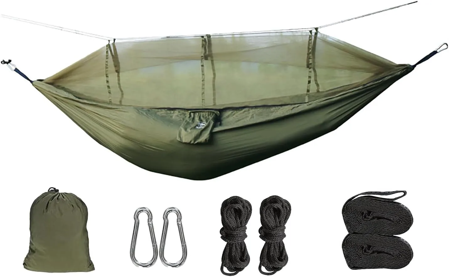 Camping Hammock Tent with Mosquito Net, Lightweight Nylon Taffeta, Waterproof, Portable, Quick Open for Outdoor Travel Hiking Beach or Yard, Holds 1 Person,Wild Dark Green