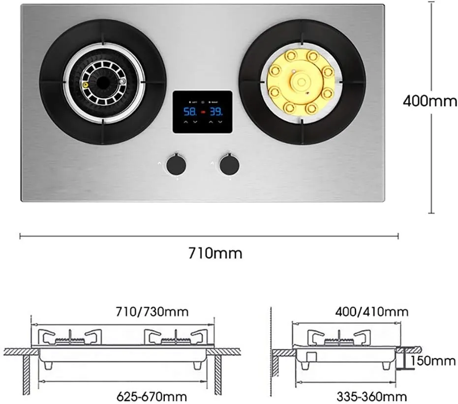 Camping Stove 71CMGas hob Built-in Gas Stove Fuel Cooktop Equipped 2 Cast Iron (4200W&5200W) with FFD and Enamel Pan Stands Easy to Clean Compatible with All Cookware [Energy Class A] (F LPG)